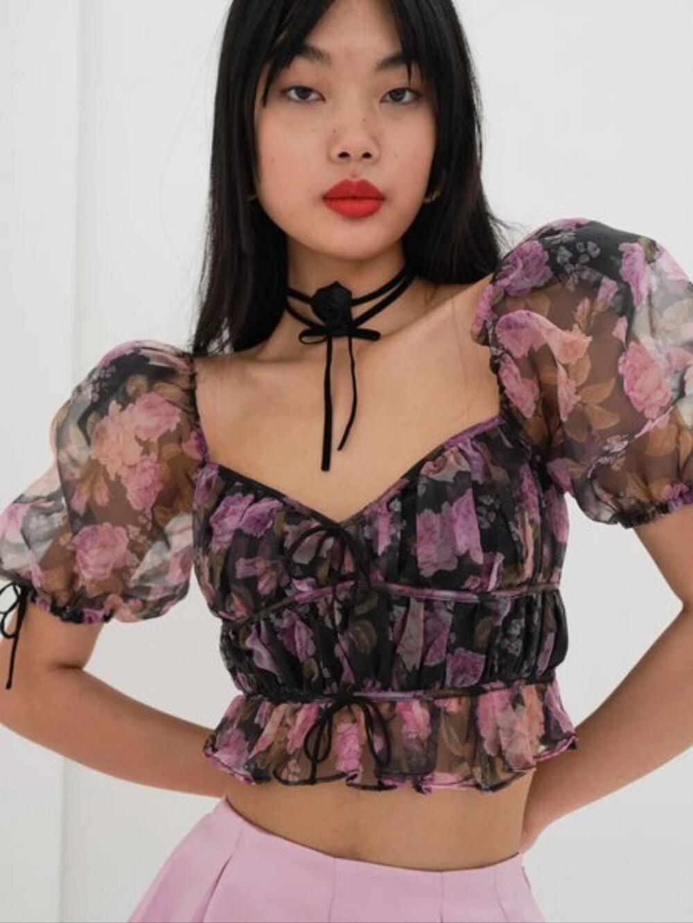 For Love And Lemons Black Pink Sunshine Floral Cropped Top Blouse Puff Sleeves L